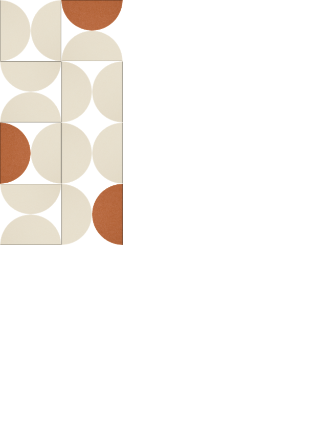 Rectangular rug with geometric design featuring tan and rust-colored semicircles arranged in a grid pattern on white backgrou