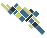 Geometric stair-step pattern with lime green, dark teal, and charcoal rectangles arranged diagonally.