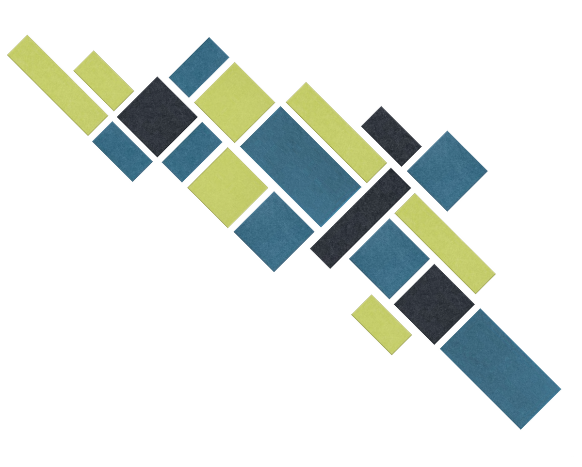 Geometric stair-step pattern with lime green, dark teal, and charcoal rectangles arranged diagonally.