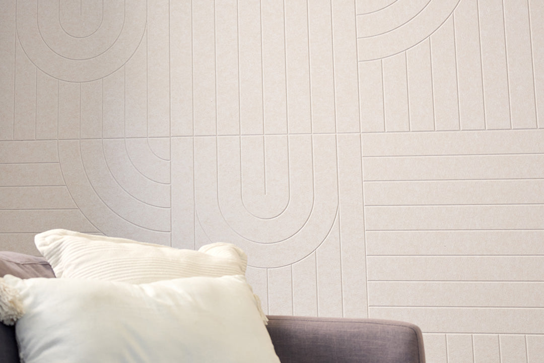 Acoustic Cream Colored Felt Engraved Panels Installed in Living Room.