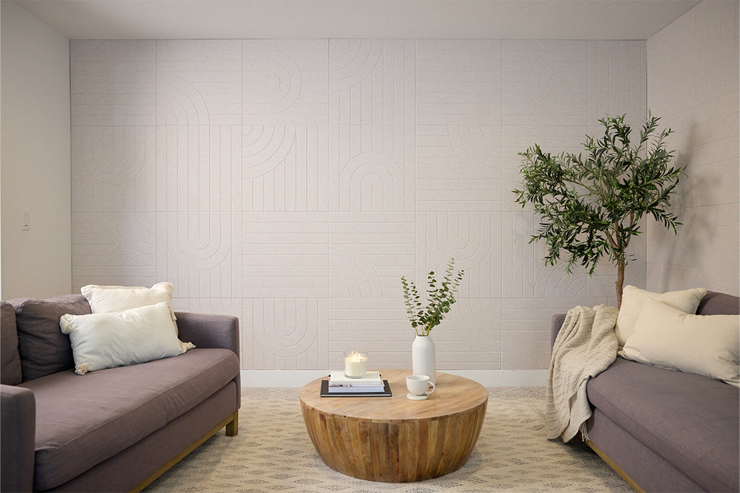 Acoustic Cream Colored Felt Engraved Panels Installed in Living Room.