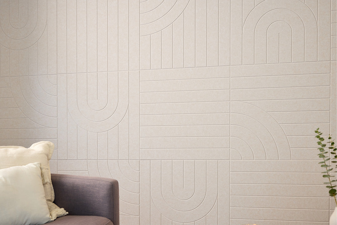 Acoustic Cream Colored Felt Engraved Panels Installed in Living Room.