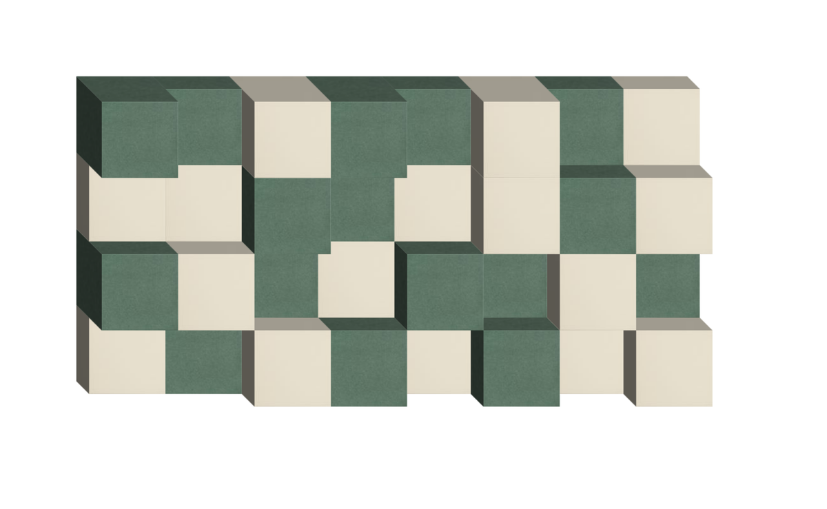 Three-dimensional arrangement of alternating green and cream-colored cubes in a checkerboard pattern.