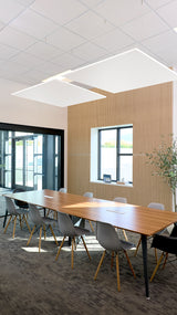 White square ceiling baffles with integrated lighting suspended above a conference table in an office space.