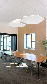 White hexagonal ceiling baffles suspended above a conference table in an office space with wood paneling.