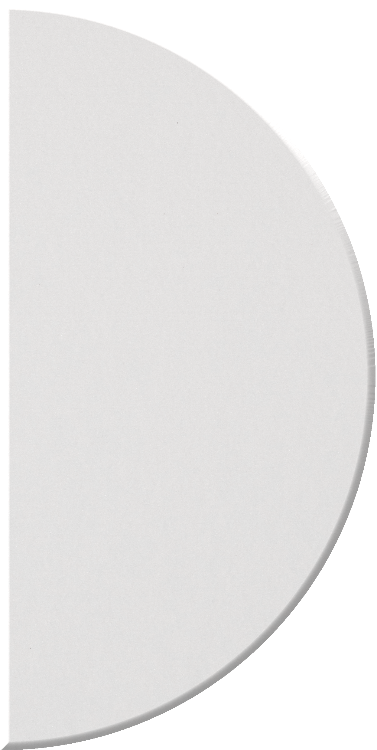 White half-circle ceramic tile with curved edge and flat straight edge.