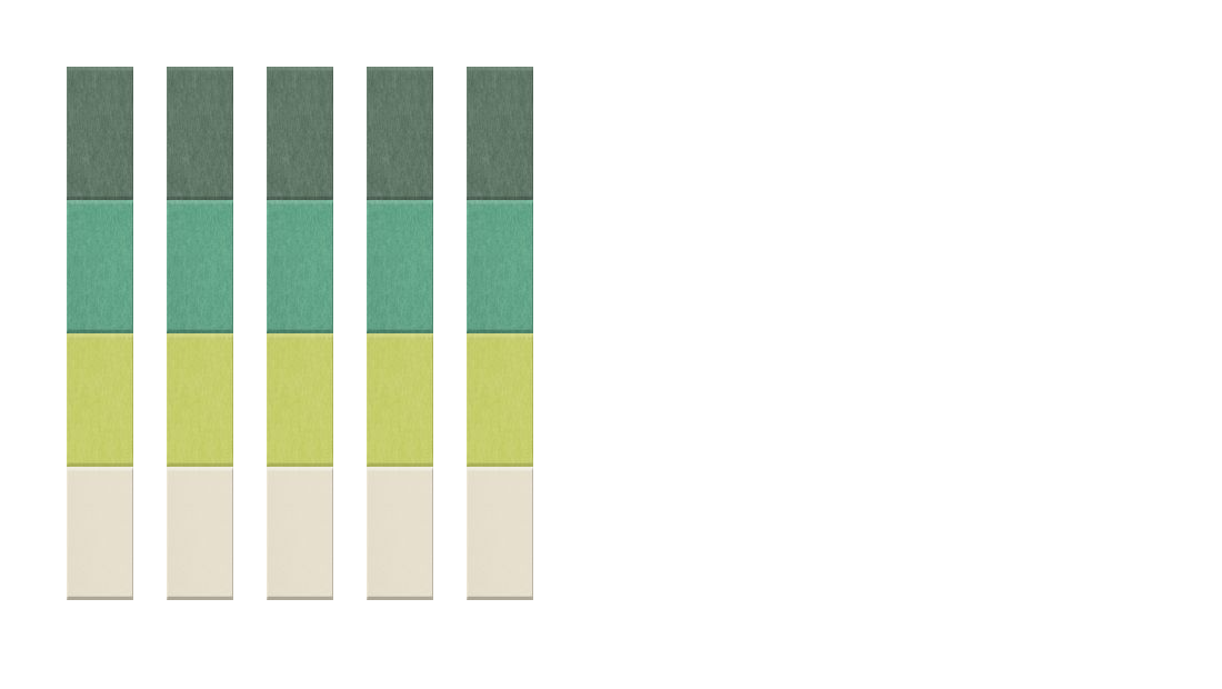 Five vertical color swatches in dark green, teal, yellow-green, and beige tones arranged in a row.