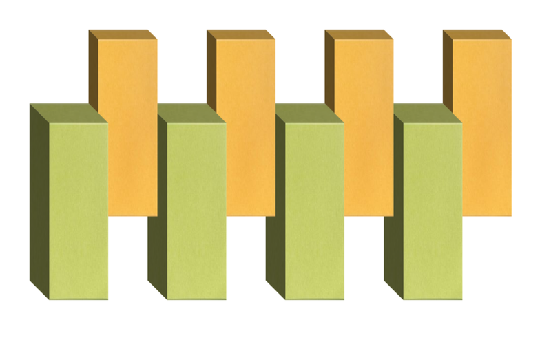 Four pairs of 3D rectangular blocks in lime green and golden yellow arranged in alternating pattern.