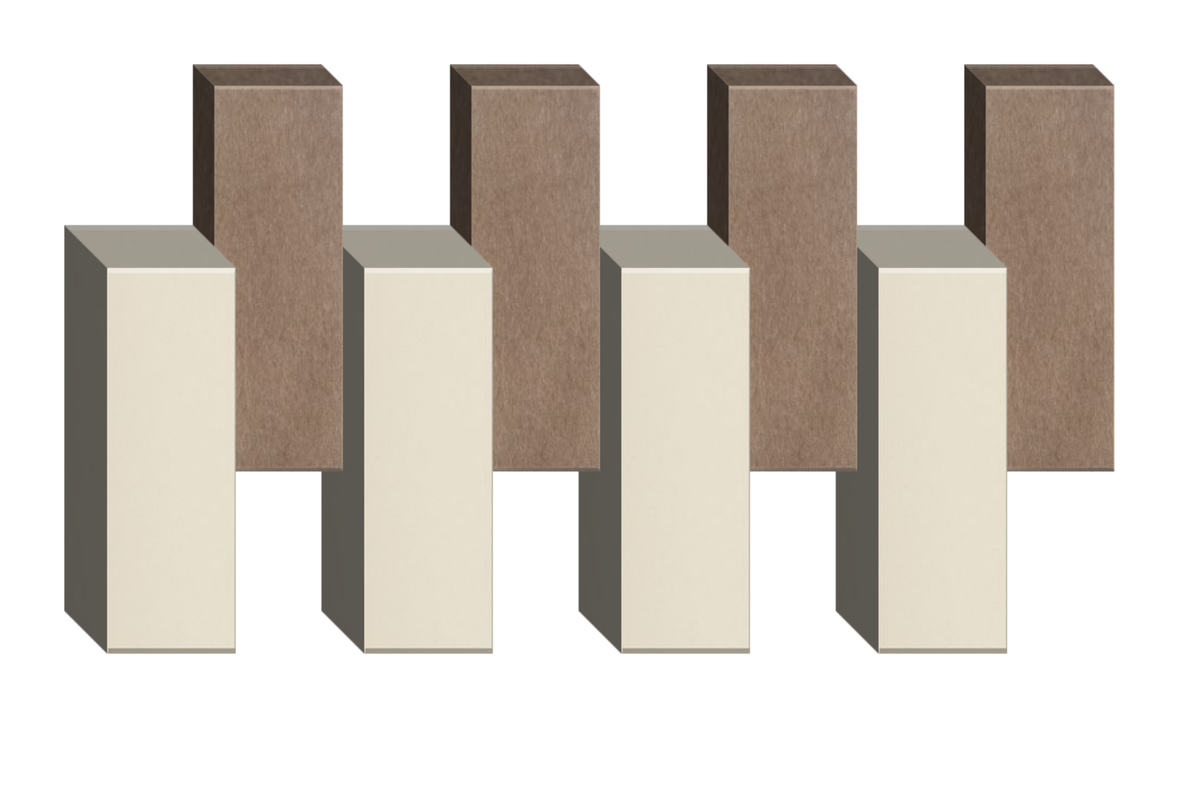 Abstract 3D geometric pattern with alternating cream and taupe rectangular blocks arranged in staggered formation.