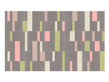 Geometric pattern with layered vertical and horizontal striped blocks in gray, pink, cream, and yellow-green tones.