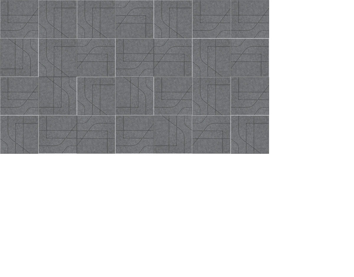 Gray tiles with geometric line pattern arranged in grid layout.