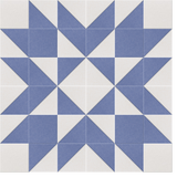Blue and white geometric star quilt pattern with triangular patchwork pieces arranged in a symmetrical design.