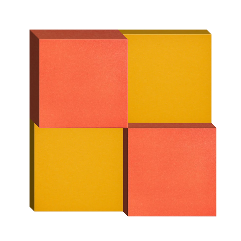 Four three-dimensional cubes arranged in a grid pattern in coral, yellow, and gold colors with shadowed edges.