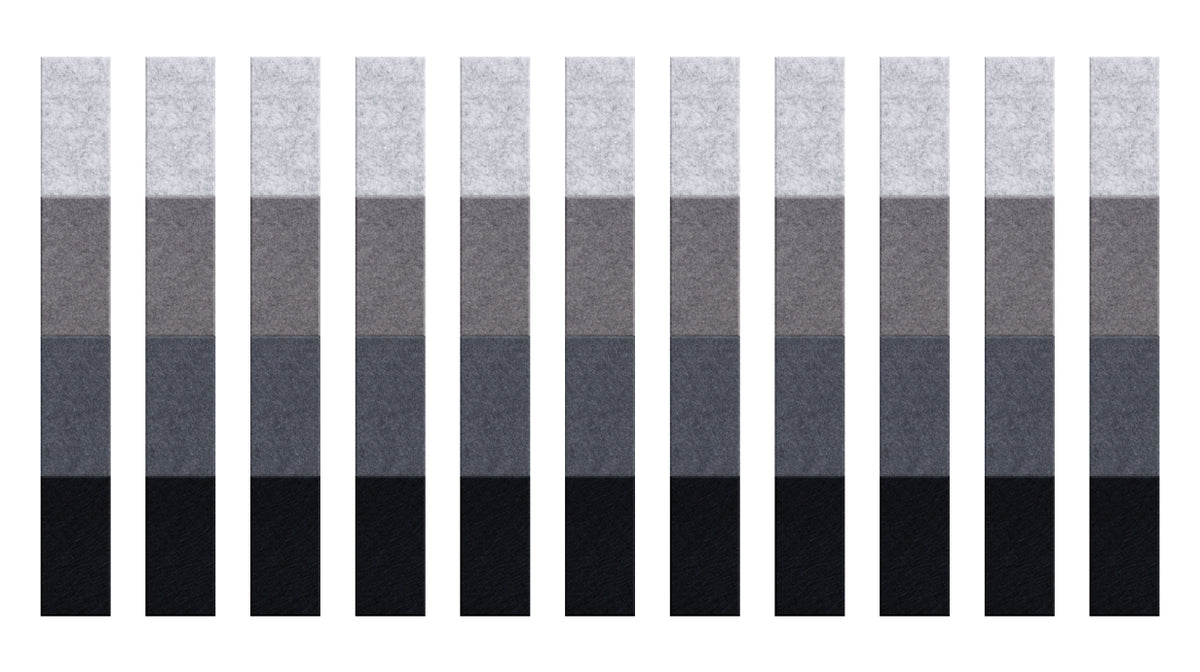 A Felt Right wall art design in shades of grey creating vertical columns in a grey ombre along a wall.
