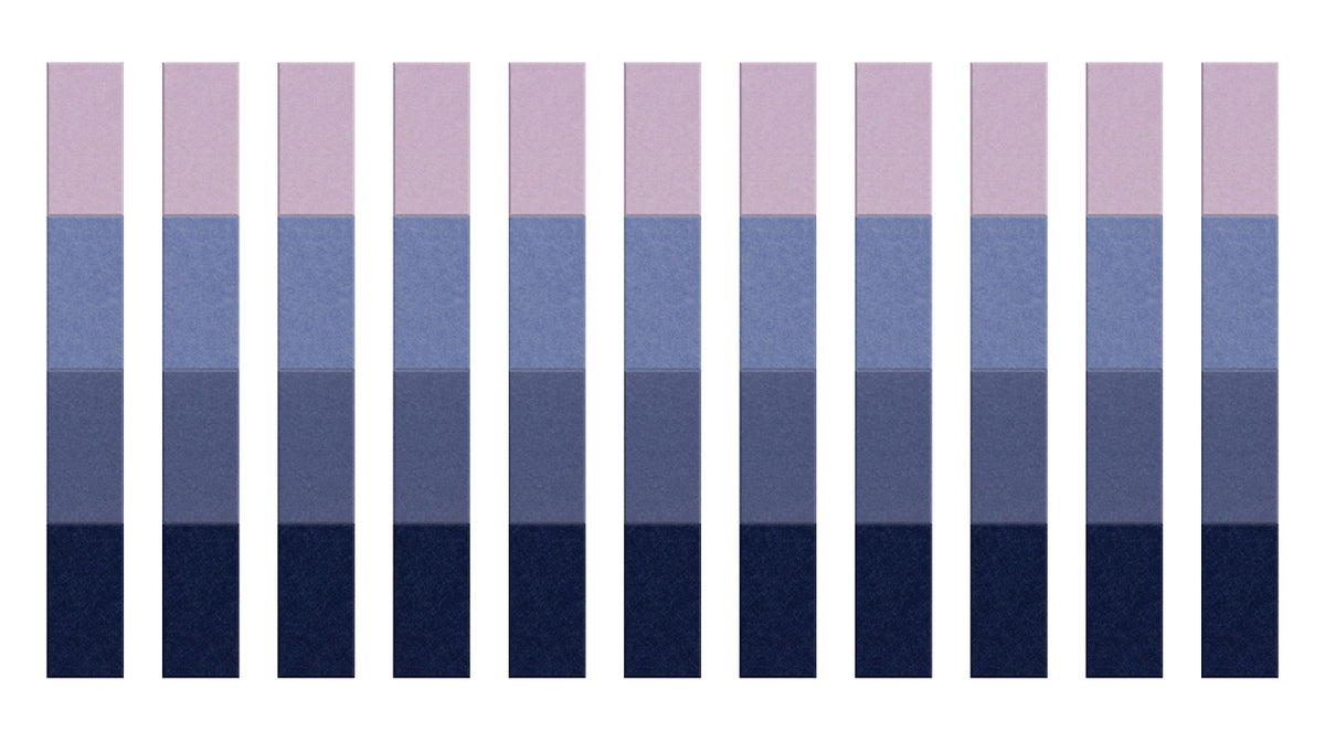 A Felt Right wall art design in vertical columns along a wall in shades of blue and purple