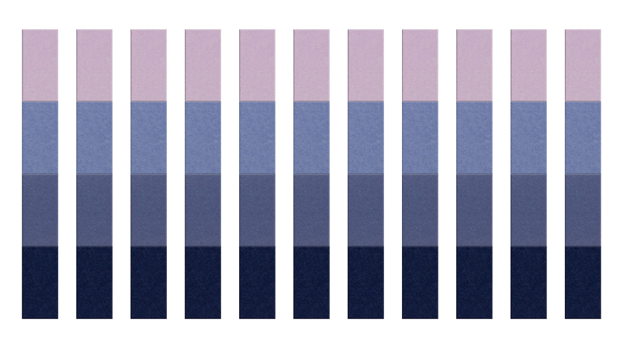 A Felt Right wall art design in vertical columns along a wall in shades of blue and purple