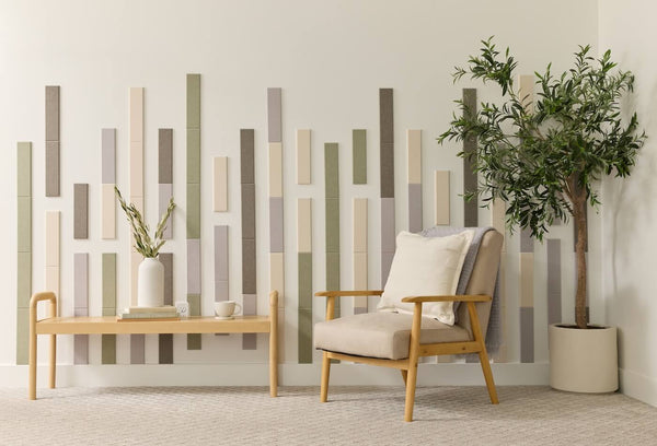 Bamboo Soho felt tiles behind a bench and chair