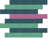 Stacked horizontal rectangular tiles in teal, green, and pink with vertical center dividing lines.