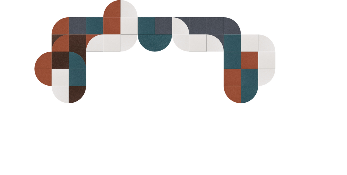 Abstract geometric design with interlocking curved shapes in rust, teal, brown, and cream colors arranged in symmetrical patt