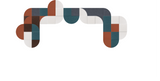 Abstract geometric design with interlocking curved shapes in rust, teal, brown, and cream colors arranged in symmetrical patt