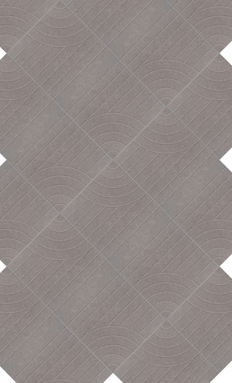 Gray textured tile with diagonal linear pattern and curved geometric relief design.