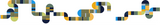 Abstract geometric pattern with interlocking curved and rectangular shapes in blue, gold, olive, and navy colors.
