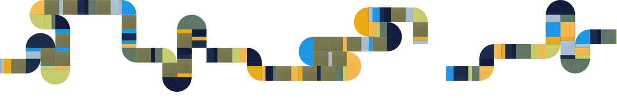 Abstract geometric pattern with interlocking curved and rectangular shapes in blue, gold, olive, and navy colors.