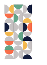 Abstract geometric pattern with interlocking semicircles in navy, coral, teal, gold, and gray on white background.