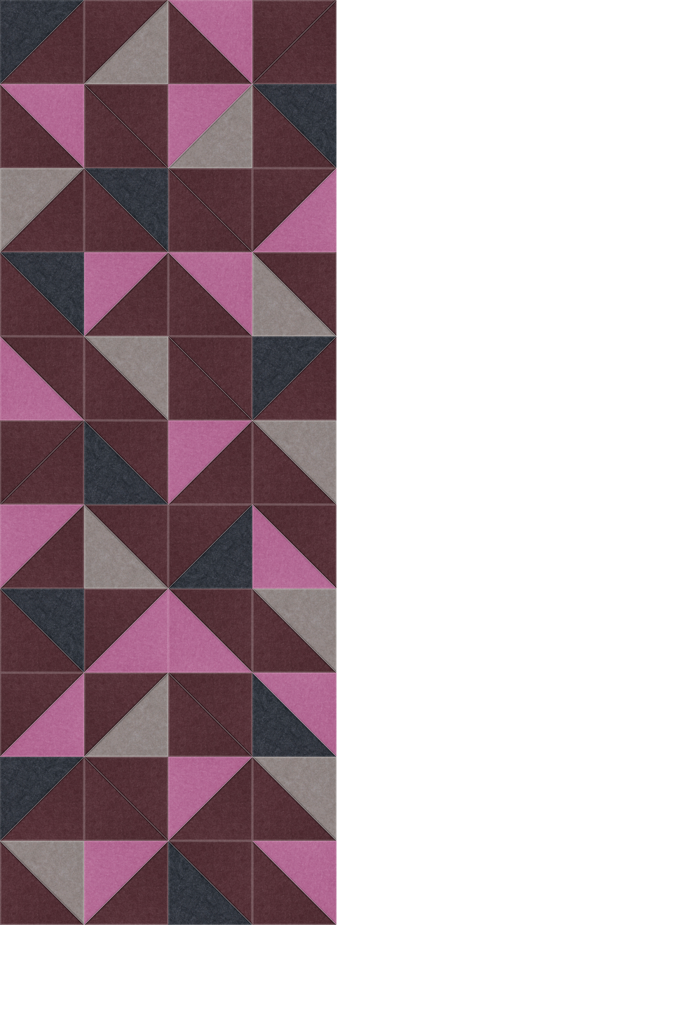 Geometric patchwork pattern with burgundy, pink, gray, and charcoal triangles arranged in repeating diamond motifs.