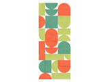 Abstract geometric pattern with interlocking circles and rectangles in coral, lime green, and teal.