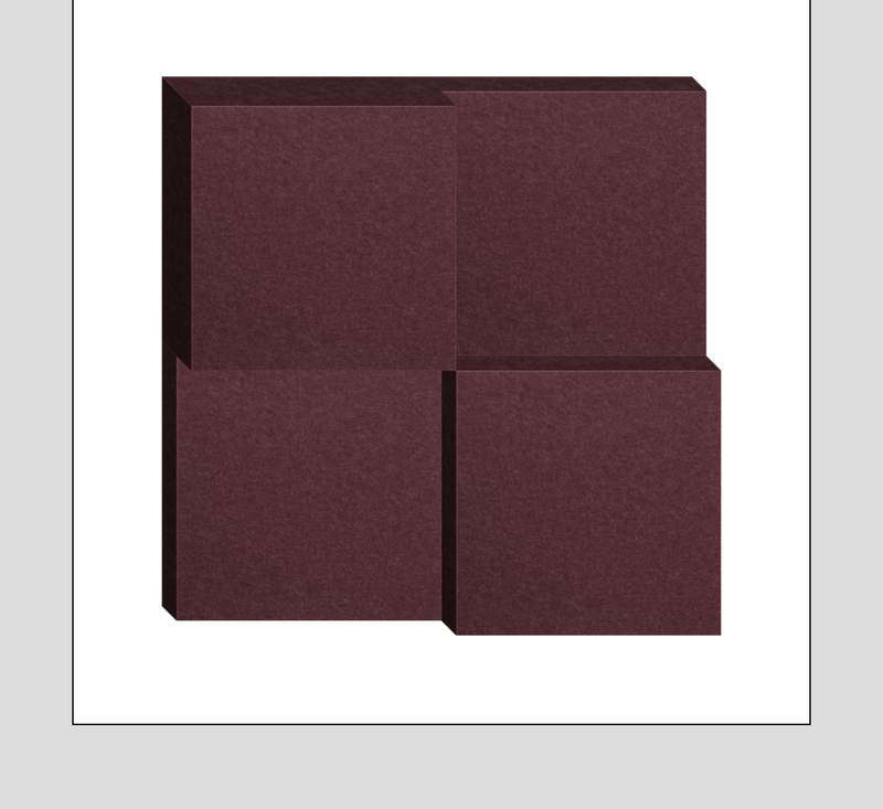 Three-dimensional maroon and burgundy rectangular blocks arranged in an abstract geometric composition.