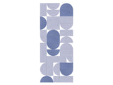Abstract geometric pattern with dark and light blue circles and rectangles arranged in a grid on white background.