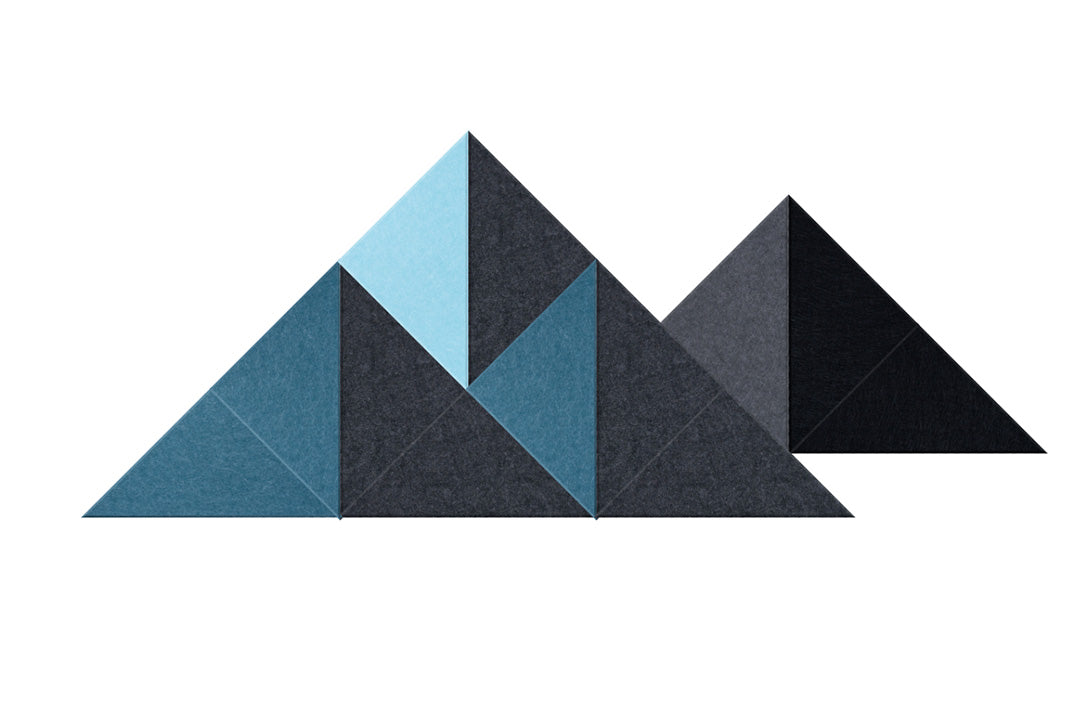 Three geometric mountain peaks made of triangular panels in shades of blue, teal, and black.