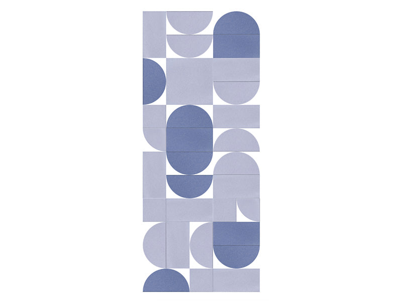 Abstract geometric pattern with blue and gray circles and rectangles arranged in a grid layout.