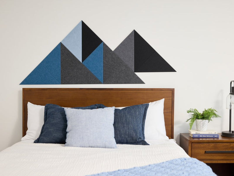 Felt Right Mini Shaded Mountain Design Installed Above Bed in shades of blue and grey displayed in bedroom or living room or entry way