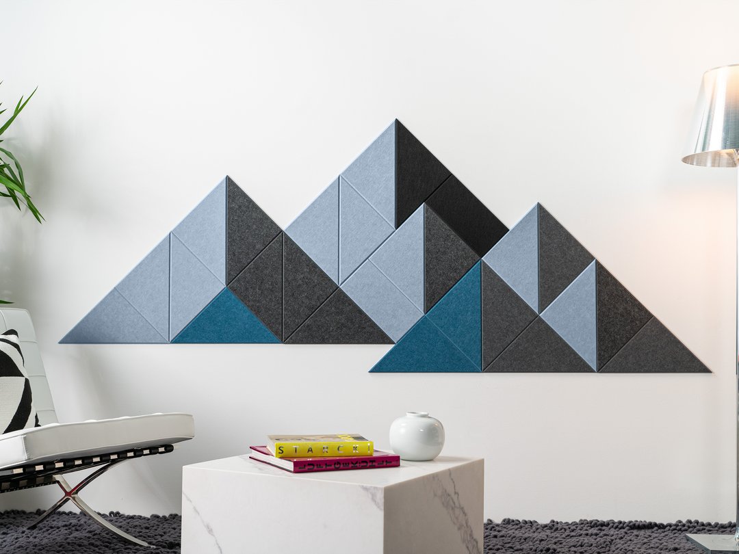 Mountain themed acoustic wall art in a modern living room setting