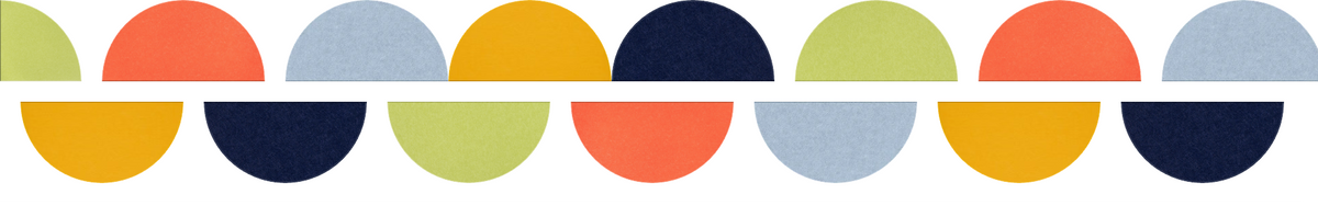 Repeating pattern of colorful semicircles in yellow, navy, coral, sage green, and blue arranged in two rows.