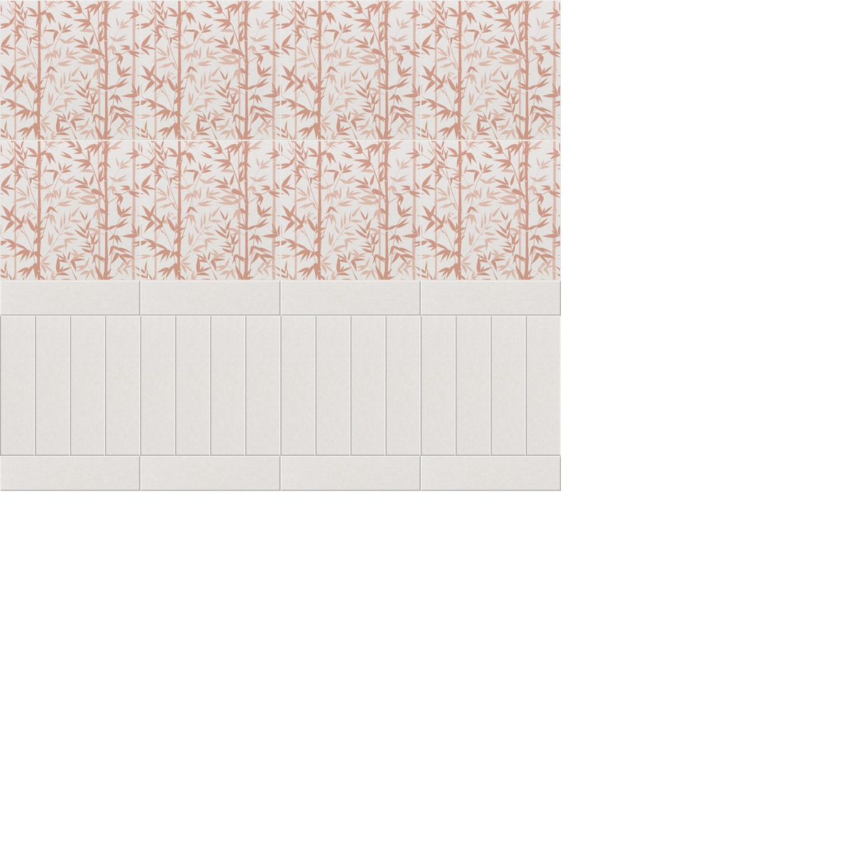 Wainscoting design with latte bamboo leaf pattern on upper section and vertical paneling on lower section.