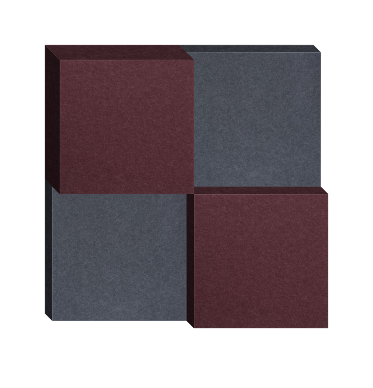 Three-dimensional geometric composition with burgundy and slate blue rectangular blocks arranged in offset pattern.