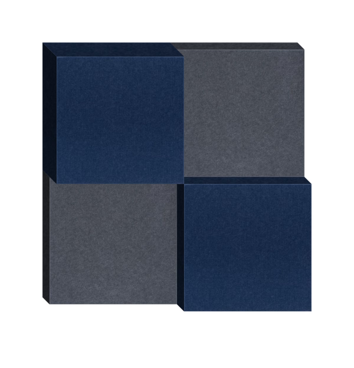 3D geometric composition with four interlocking cubes in navy blue and charcoal gray.