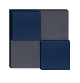 3D geometric composition with four interlocking cubes in navy blue and charcoal gray.