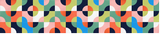 Geometric pattern with repeating circles in navy, coral, pink, yellow, teal, and white segments arranged in vertical columns.