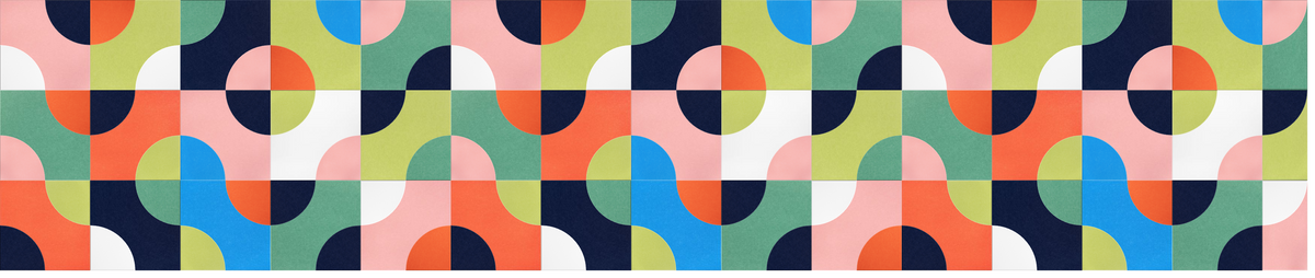 Geometric pattern with repeating circles in navy, coral, pink, yellow, teal, and white segments arranged in vertical columns.