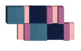 Abstract 3D composition with stacked rectangular blocks in teal, navy, pink, and mauve colors.