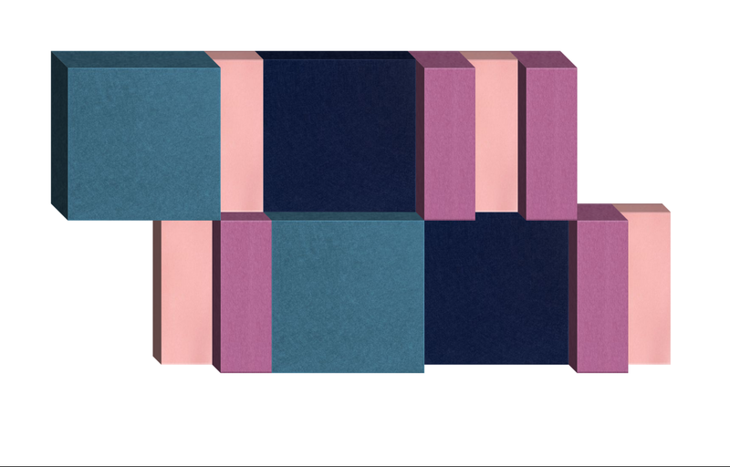 Abstract 3D composition with stacked rectangular blocks in teal, navy, pink, and mauve colors.