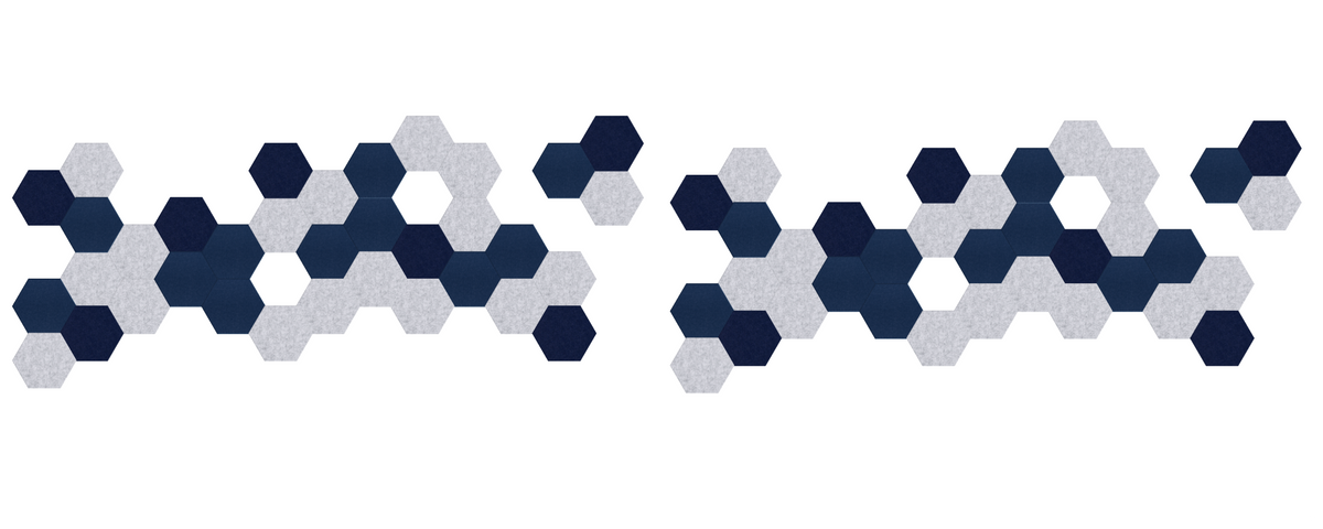 Blue and gray hexagonal tiles arranged in geometric pattern, 20 feet long.