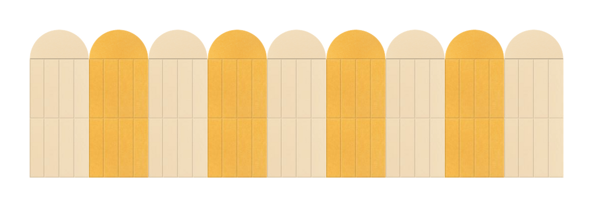 Repeating pattern of cream and yellow arched doorways with vertical paneling.