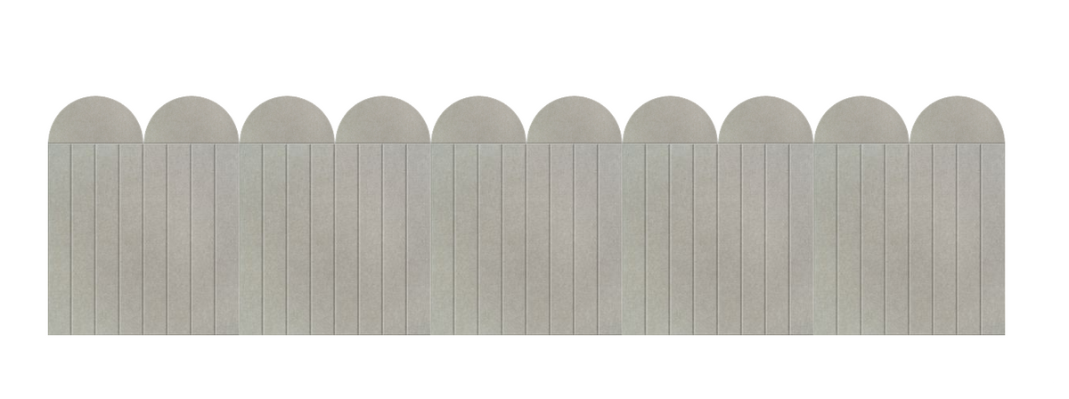 Sage green matte scallop wainscoting panel with vertical planks and curved topped edges.