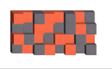 Three-dimensional geometric design with alternating orange and gray cubic blocks arranged in a checkerboard pattern.