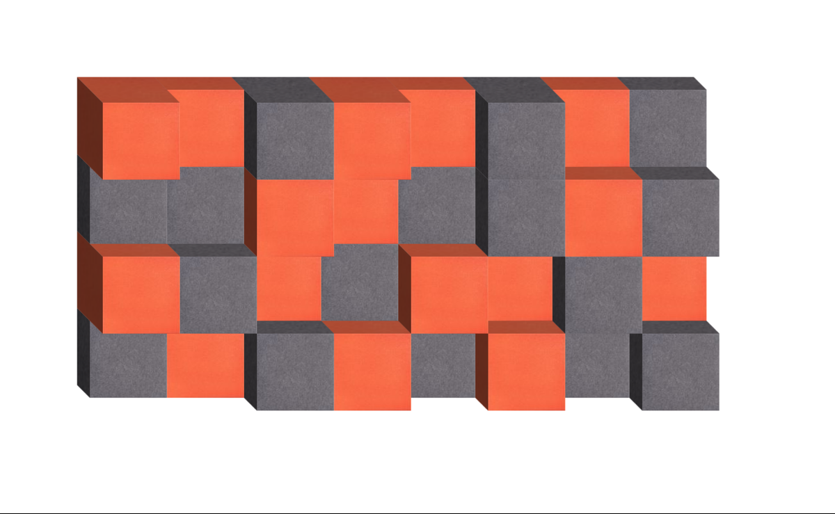 Three-dimensional geometric design with alternating orange and gray cubic blocks arranged in a checkerboard pattern.